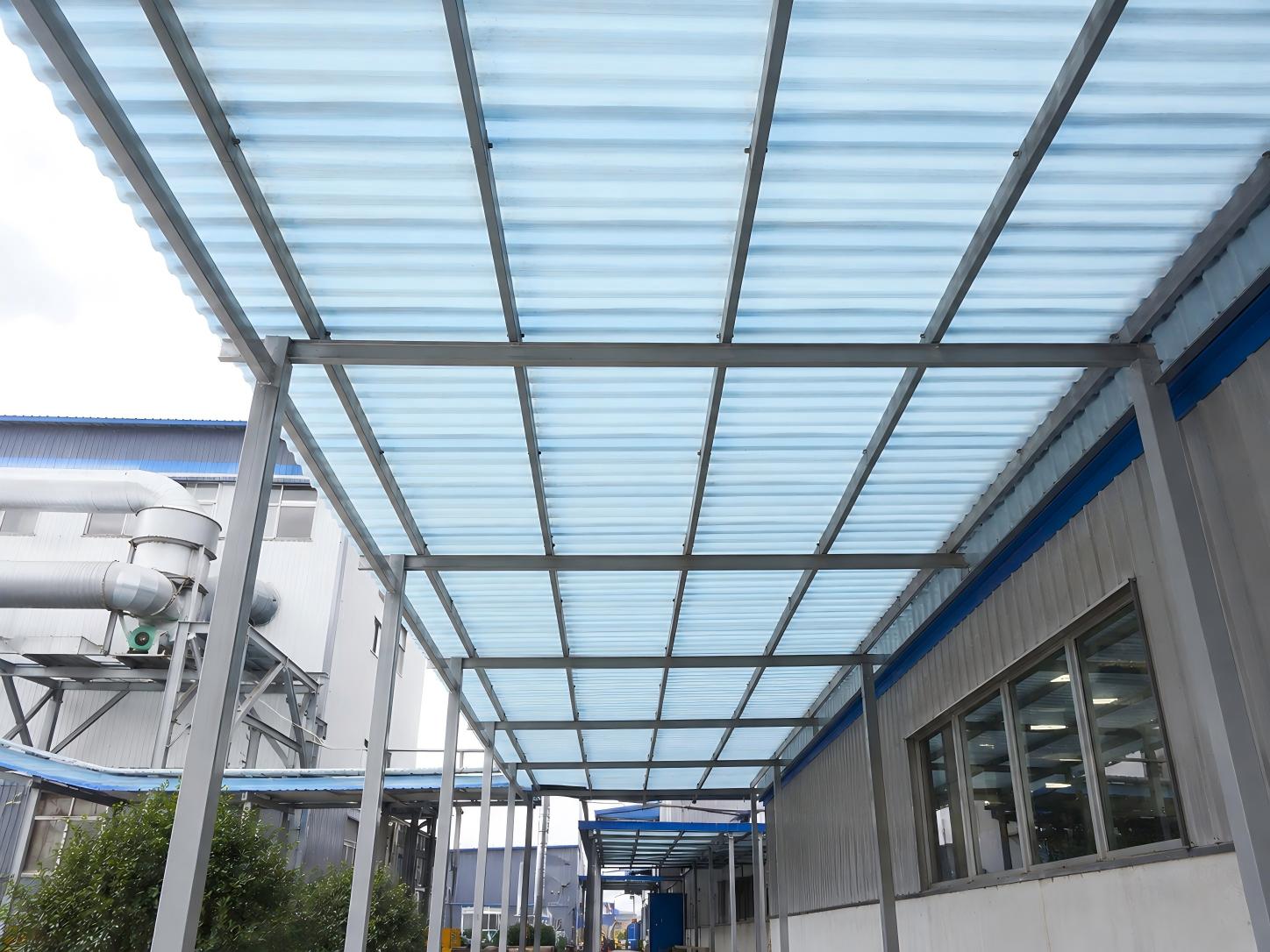 Industrial covered walkway with light blue FRP sheet