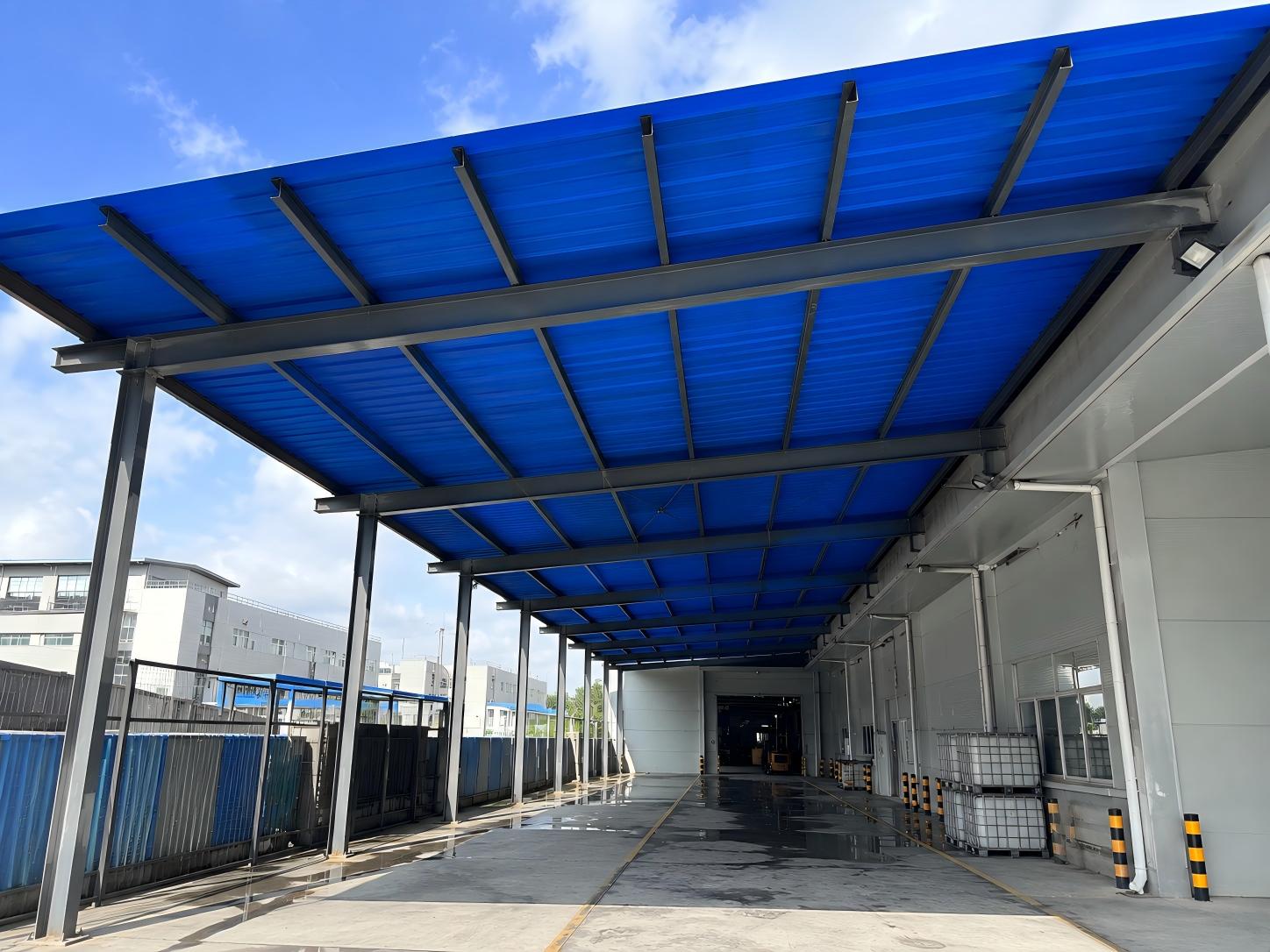 Ocean blue FRP sheet used for a warehouse loading canopy application